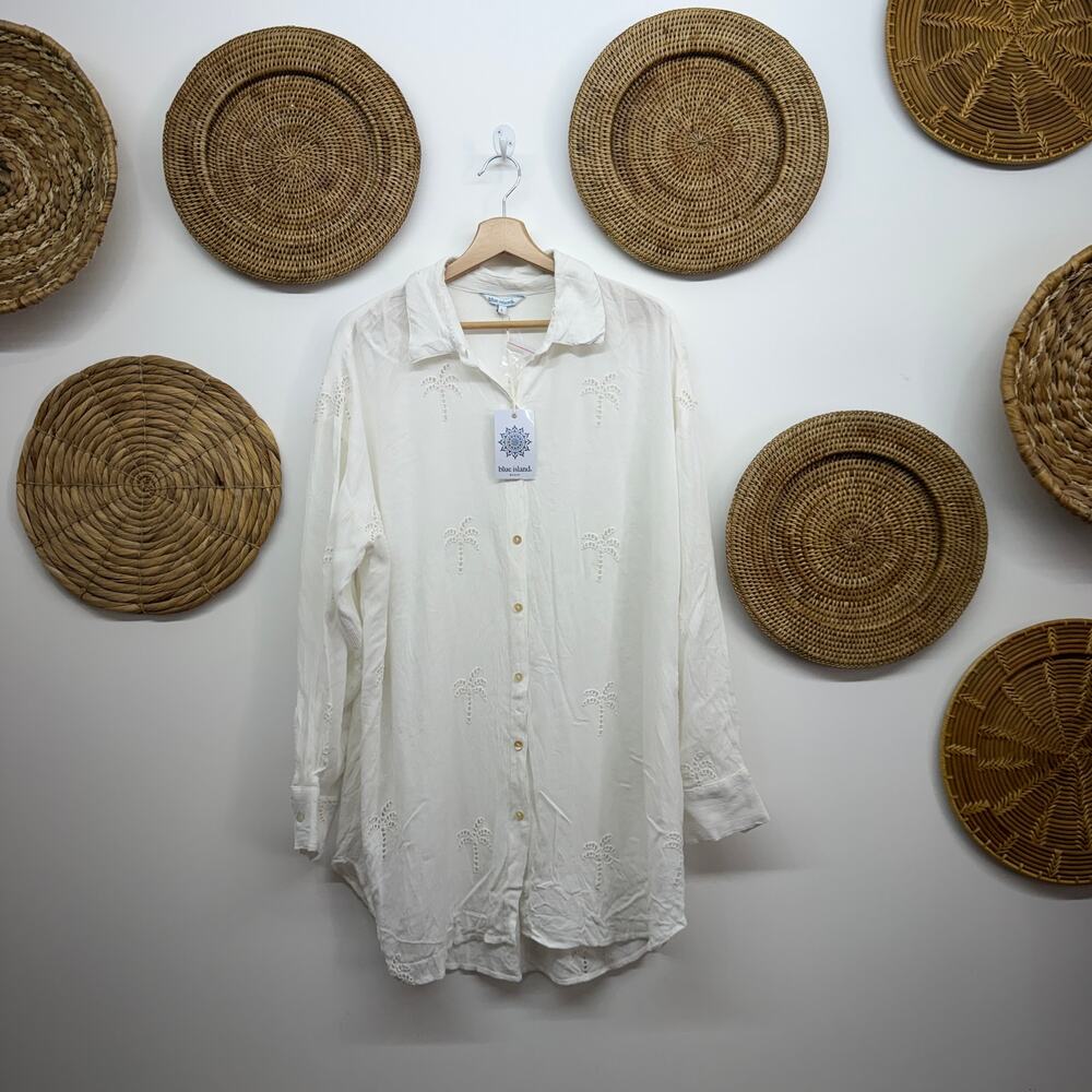 NEW Blue Island Button Up Shirt Swimsuit Cover Up Large Palm Tree Cut Out